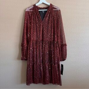 MSK Sequin Tiered Long Sleeve Wine Color Dress Size XL NWT
